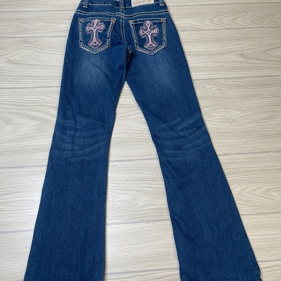 Rockin C Pink Cross Embroidered Pocket Western Bootcut Blue Jeans Girl’s Size 8 - Picture 3 of 13